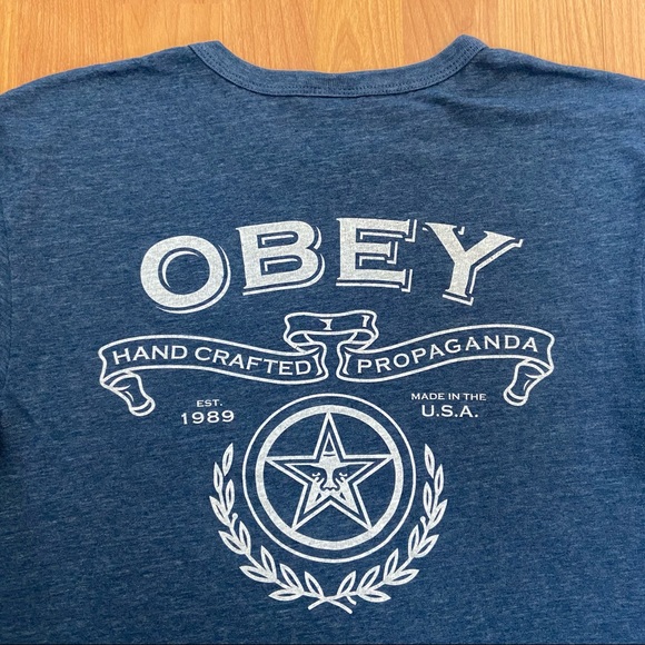 Obey Men’s Handcrafted Propaganda Logo Single Stitched Blue T-Shirt Large - Picture 2 of 8